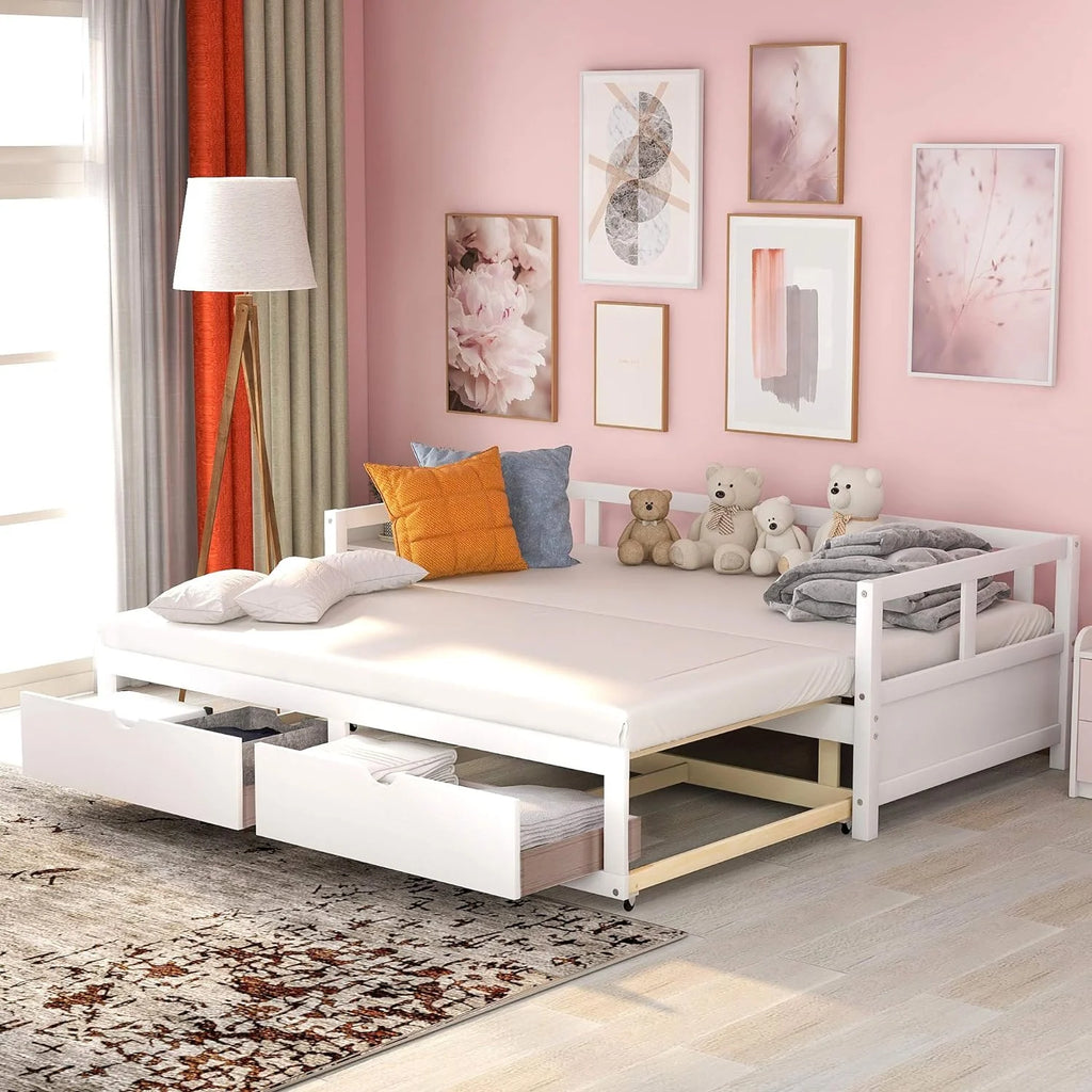 White Wooden Daybed with Trundle and 2 Storage Drawers C281