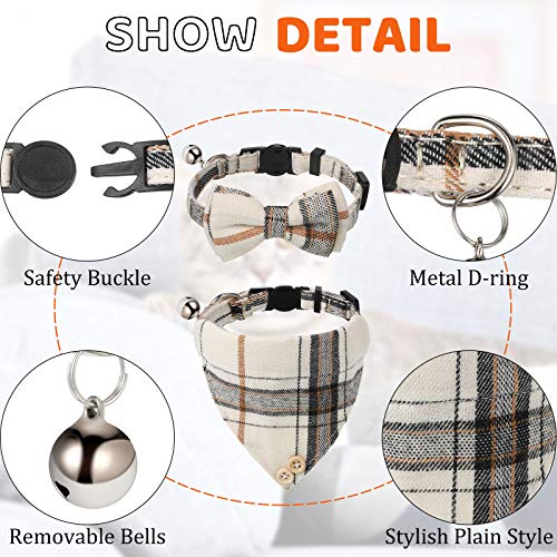 4 Pieces Breakaway Cat Collar Bandana with Plaid Scarf and Bowtie Bell O383
