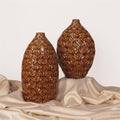 Set of 2 Glossy Mocha Brown Floral Textured Ceramic Vases V25854