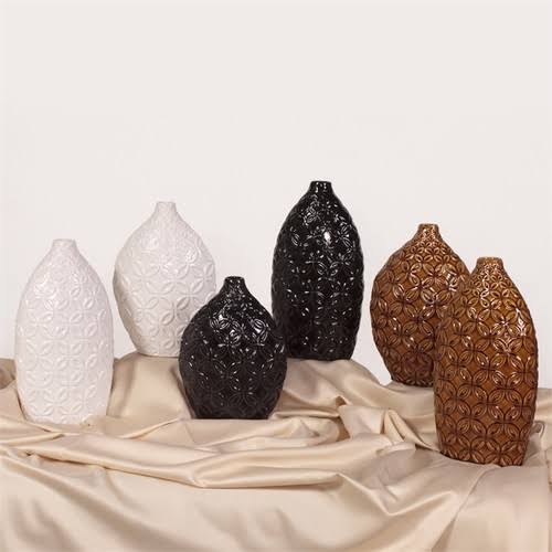 Set of 2 Glossy Mocha Brown Floral Textured Ceramic Vases V25854