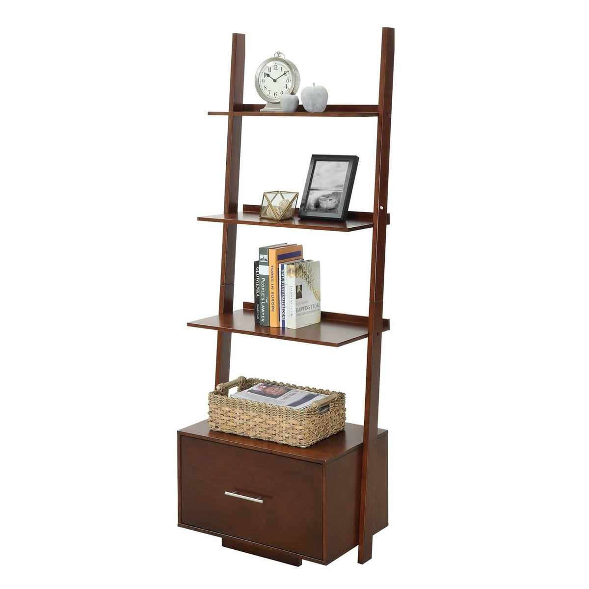 Dark Walnut Ladder Bookcase with File Drawer C12410