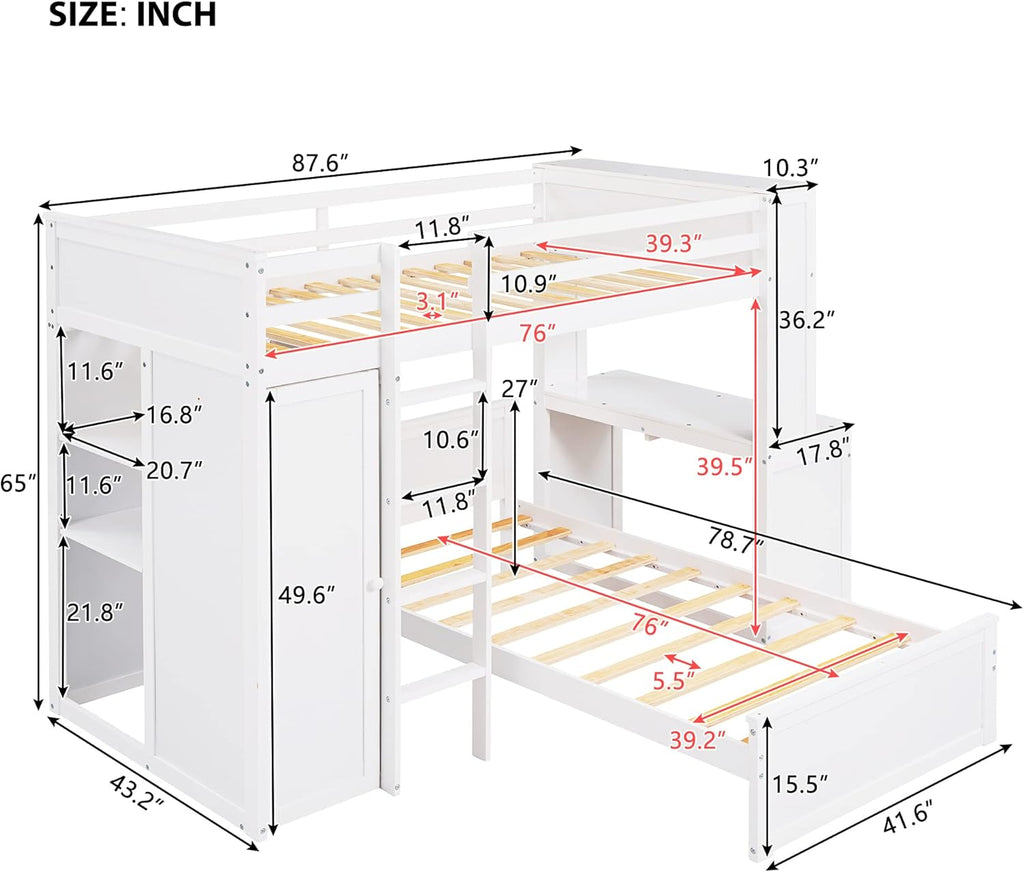 White Twin Wooden Bunk Loft Bed with Shelves Desk and Wardrobe U869721