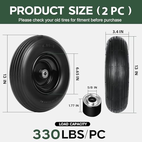 13 Inch Solid Flat Free Replacement Tires and Wheels 4.00-6 with 5/8'' Axle Bore Hole Q9142