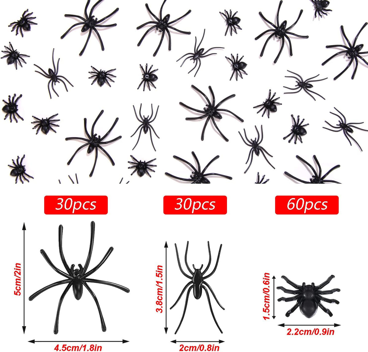 120 Pieces Black Plastic Spiders 3 Sizes V367415