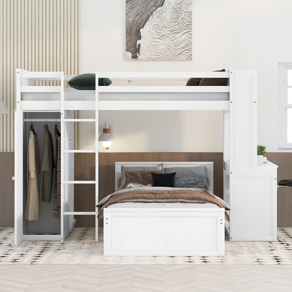 White Twin Wooden Bunk Loft Bed with Shelves Desk and Wardrobe U869721