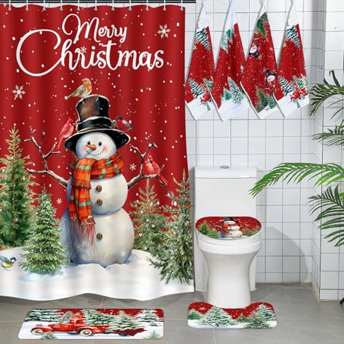 7 Pcs Christmas Shower Curtain Set Non Slip Waterproof Bathroom Accessories B3284