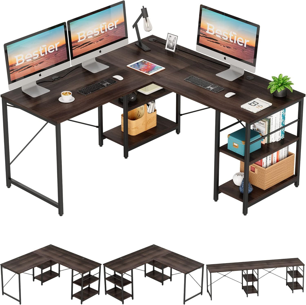 95.2 Inch Reversible L Shaped Desk with Shelves Grey Oak T144