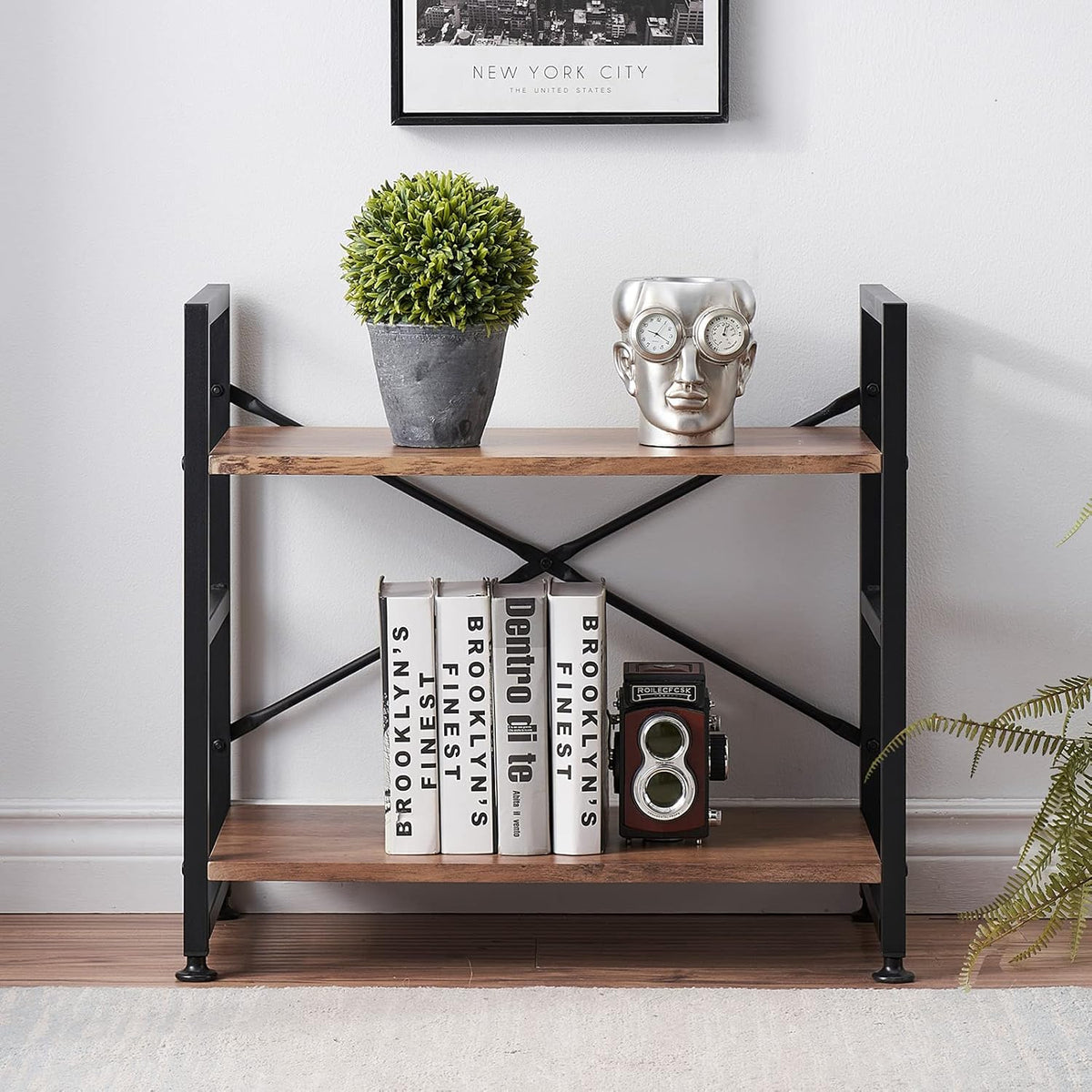 2 Tier Rustic Brown Bookshelf with Metal Frame P32031