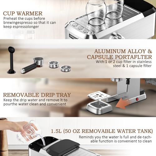 Compact Stainless Steel Espresso Machine with 50oz Water Tank F593591