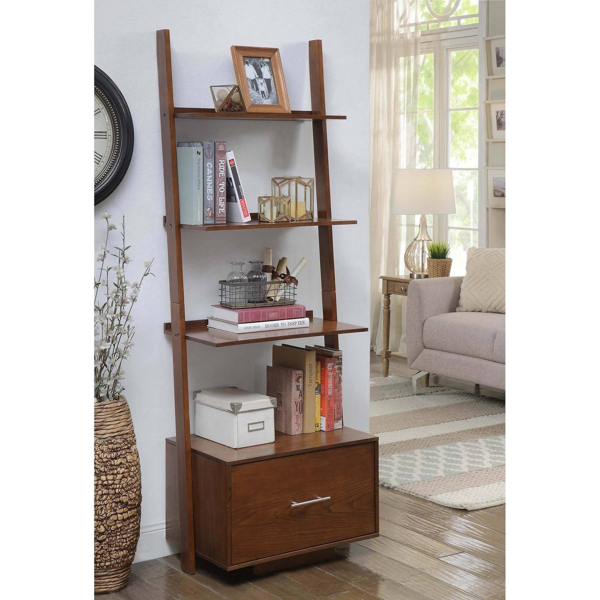 Dark Walnut Ladder Bookcase with File Drawer C12410