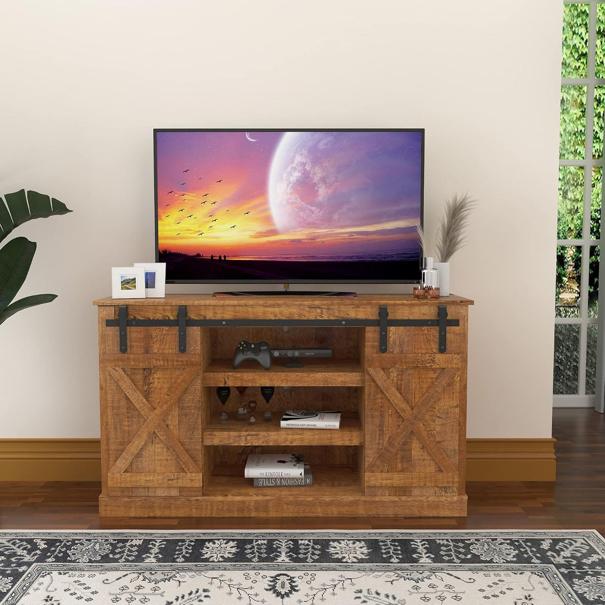 Modern Farmhouse Sliding Barn Door TV Stand up to 60 Inches T481