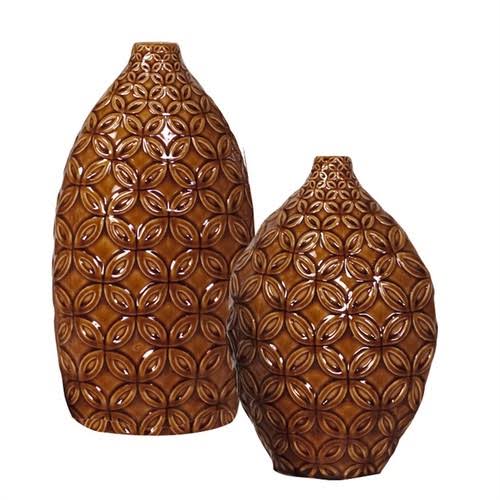Set of 2 Glossy Mocha Brown Floral Textured Ceramic Vases V25854