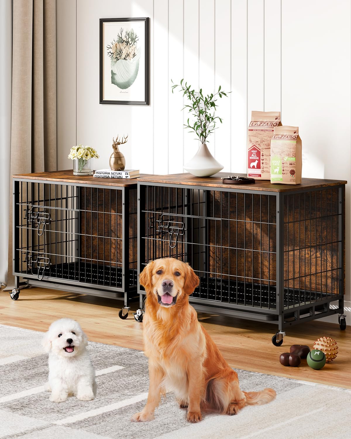 Brown Wooden Dog Crate with Removable Tray and Wheels R35531