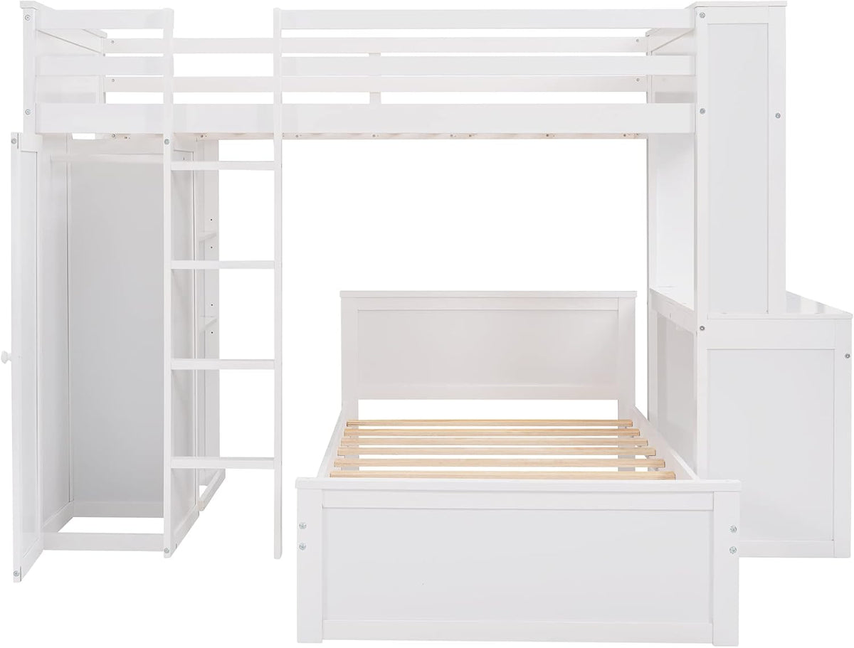 White Twin Wooden Bunk Loft Bed with Shelves Desk and Wardrobe U869721
