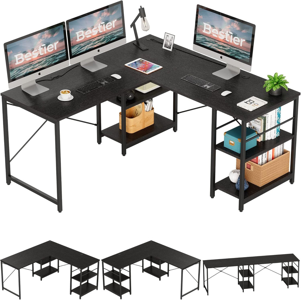 95.2 Inch Reversible L Shaped Desk with Shelves Grey Oak T144