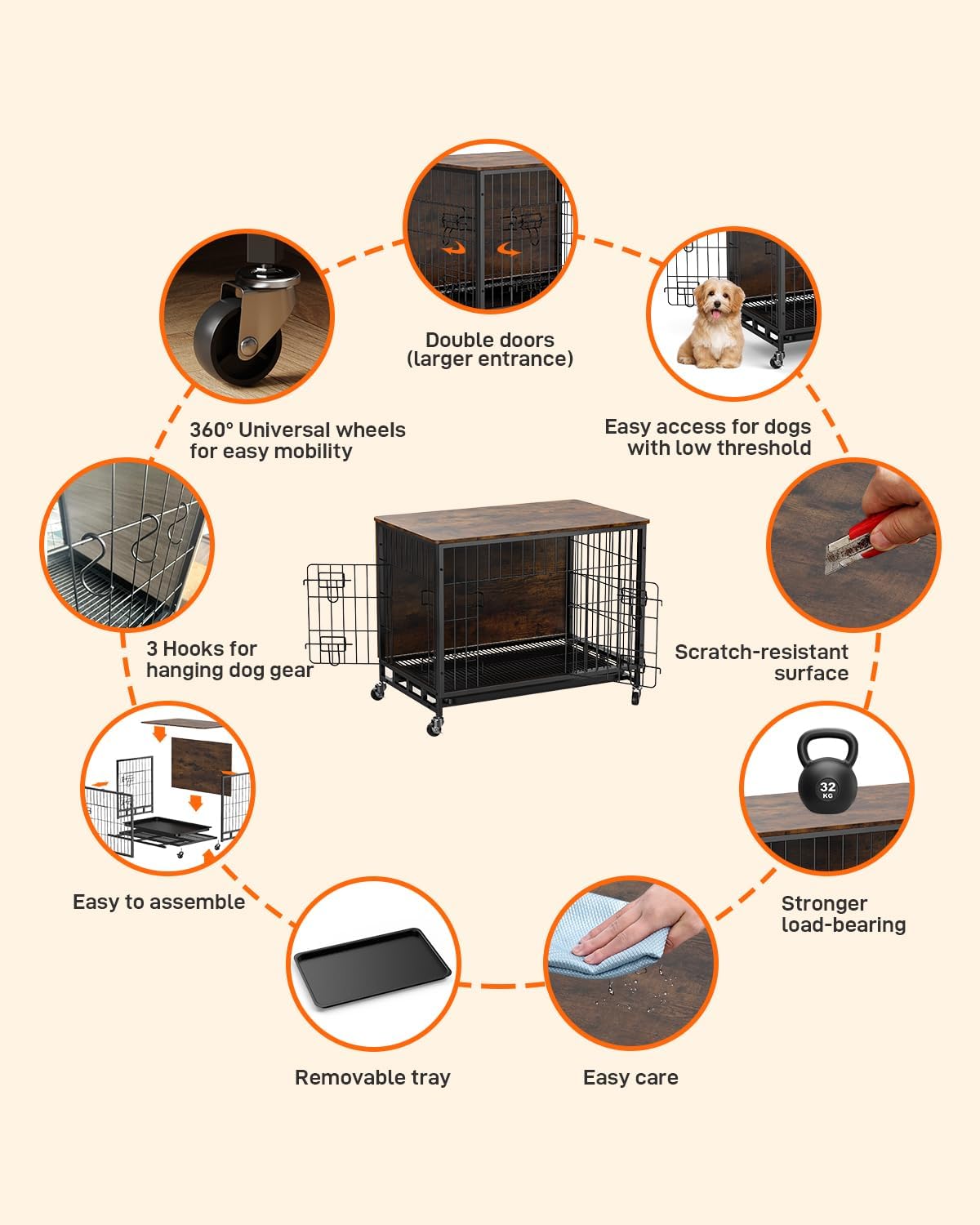 Brown Wooden Dog Crate with Removable Tray and Wheels R35531