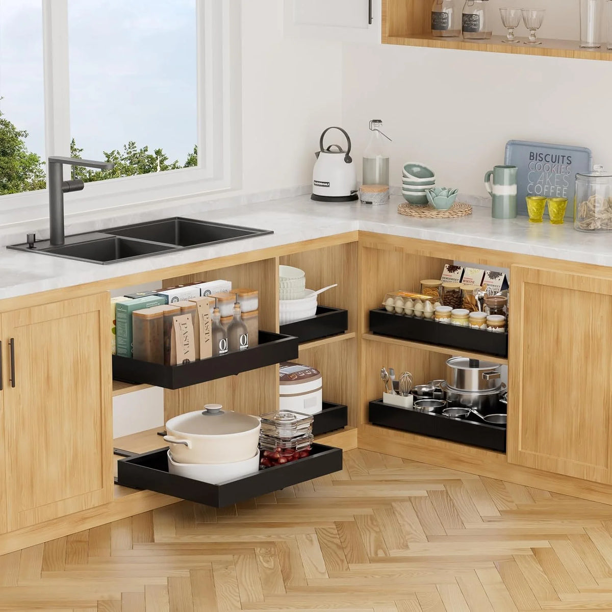 2Pack Expandable Pull Out Cabinet Organizer 21Deep, Adjustable Width 12.2-20.4, Black F161