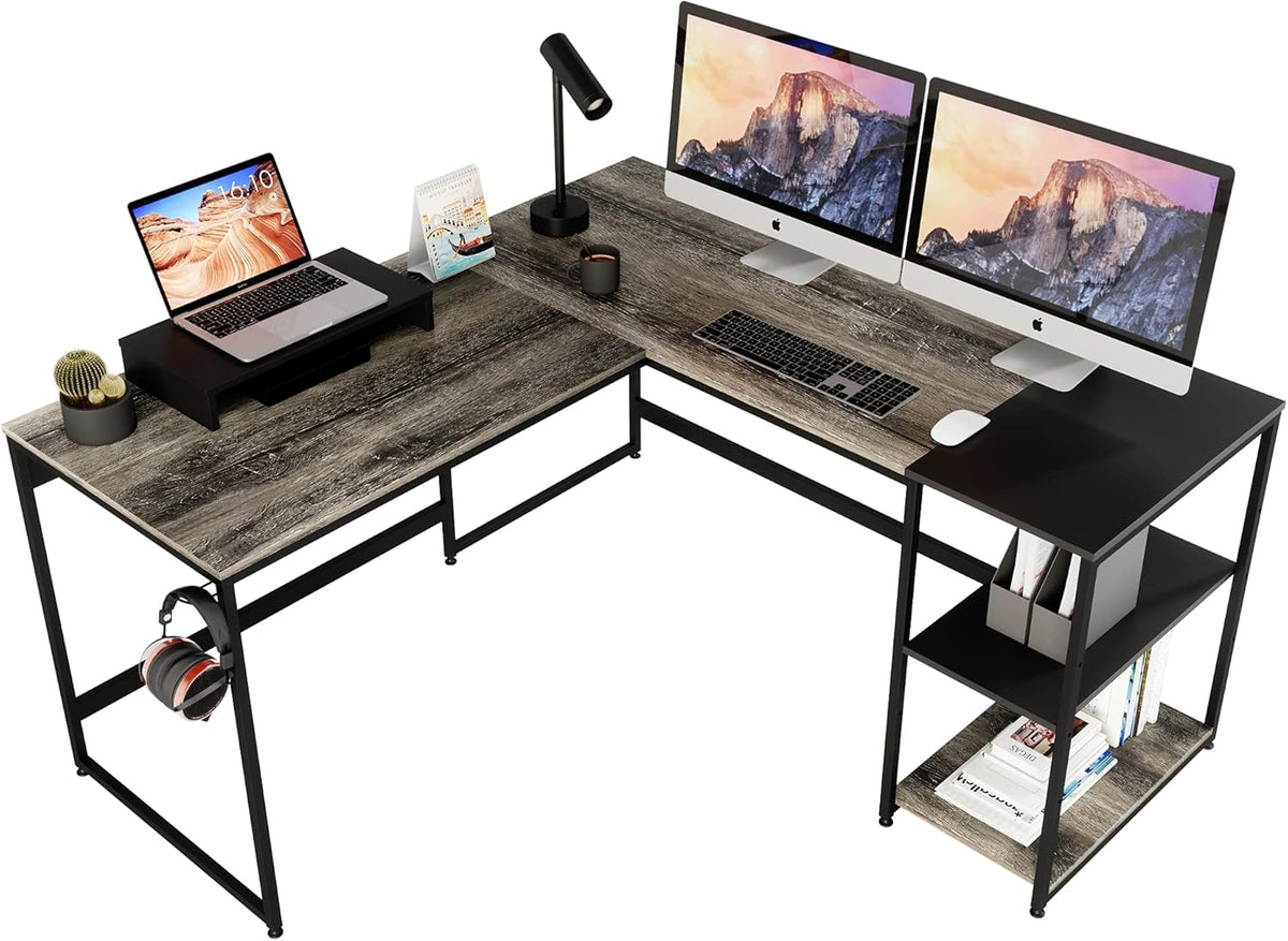 95.2 Inch Reversible L Shaped Desk with Shelves Grey Oak T144