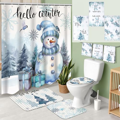 7 Pcs Christmas Shower Curtain Set Non Slip Waterproof Bathroom Accessories B3284