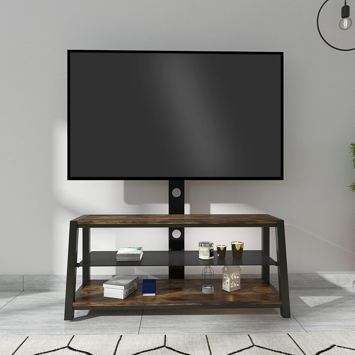 Swivel Floor TV Stand with Adjustable Tempered Wooden Shelves Q615136