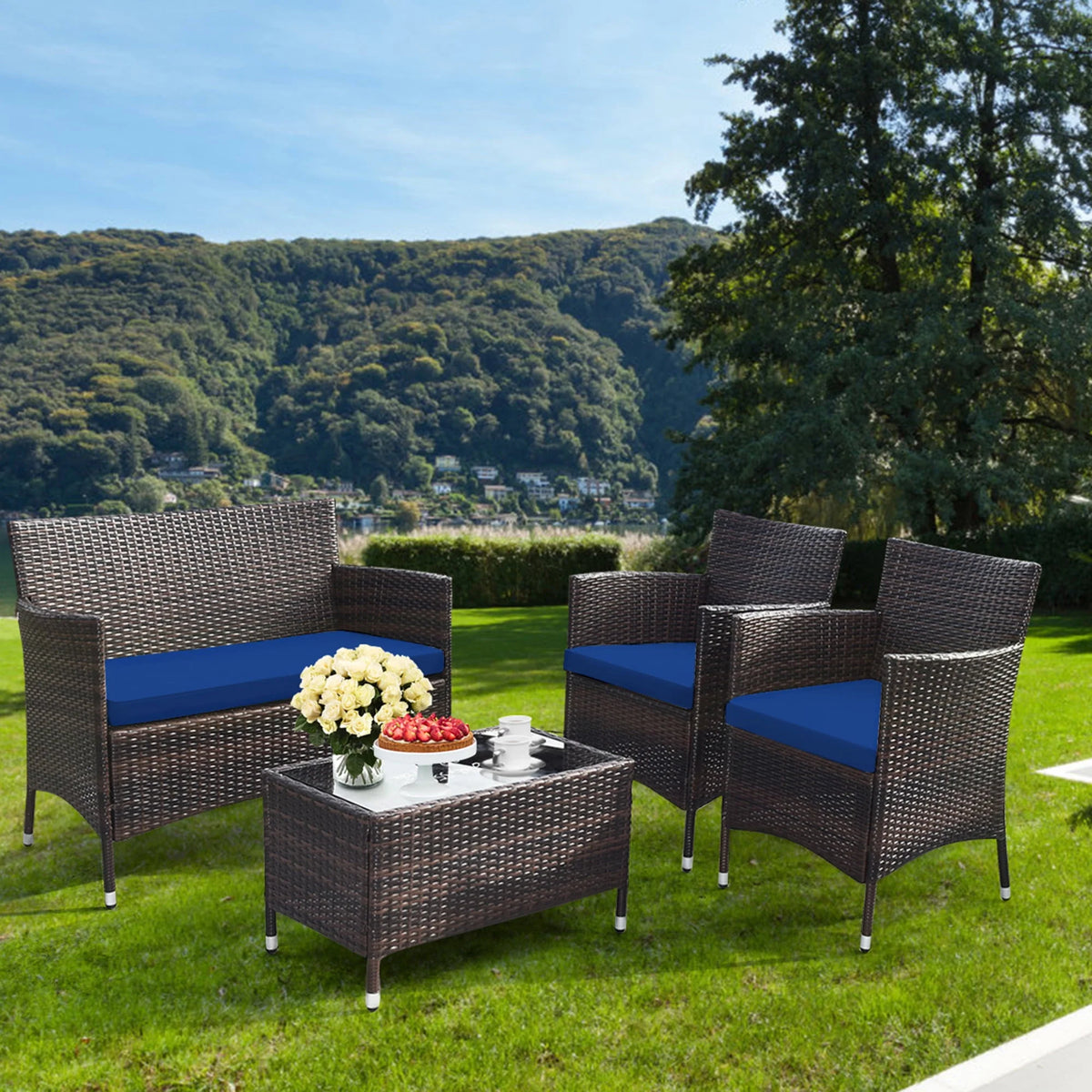 4 Pc Turquoise Cushioned Patio Rattan Conversation Furniture Set Q75417
