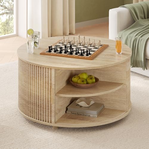 Round Lift Top Coffee Table with Hidden Storage and Open Shelves, Oak S189