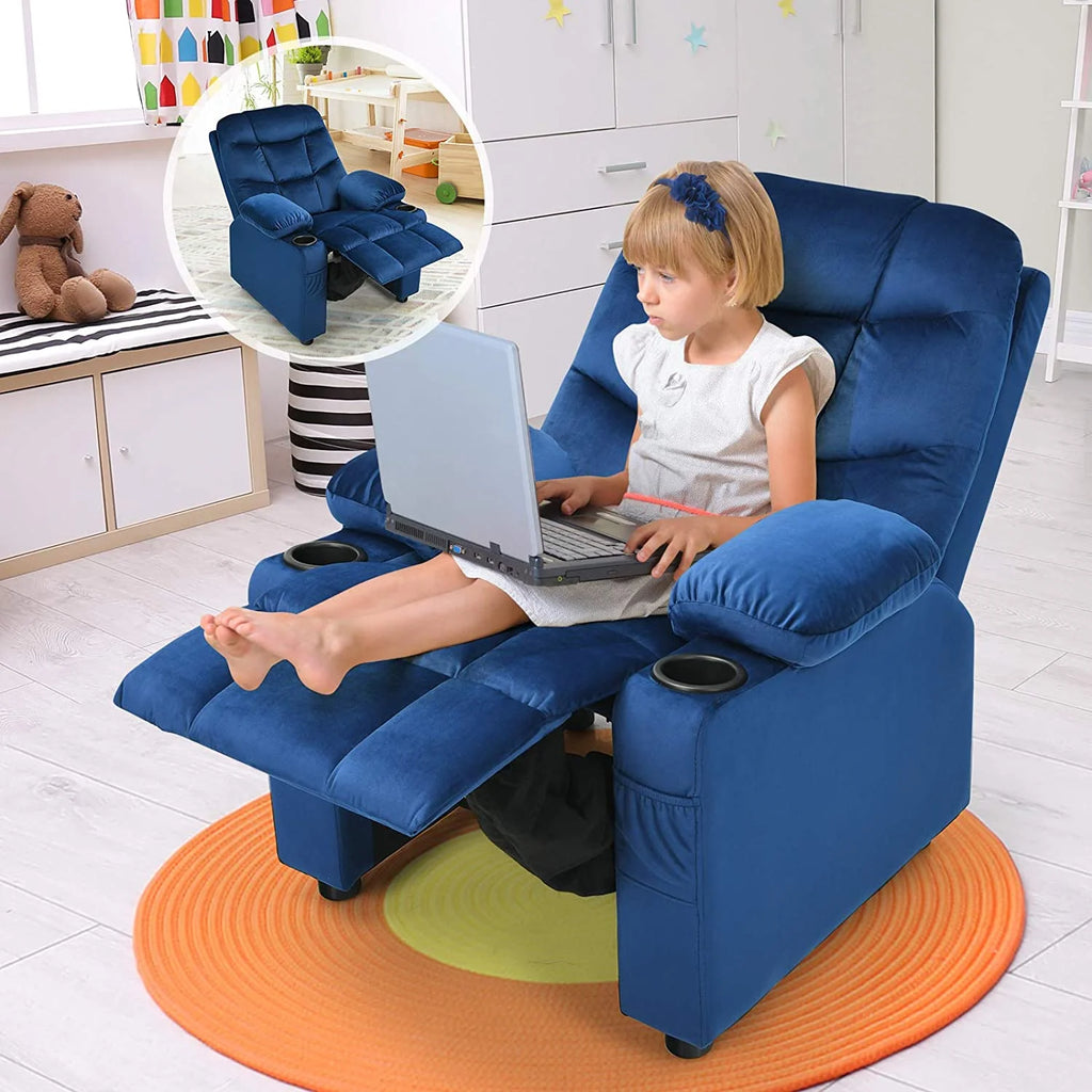 Kids Recliner Chair with Cup Holder Adjustable Velvet Lounge Chair w/Footrest & Side Pockets Ergonomic Toddler Furniture Sofa G45258