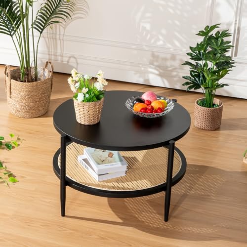 Black Set of 2 Round 2-Tier Side Table with Rattan Storage I90181