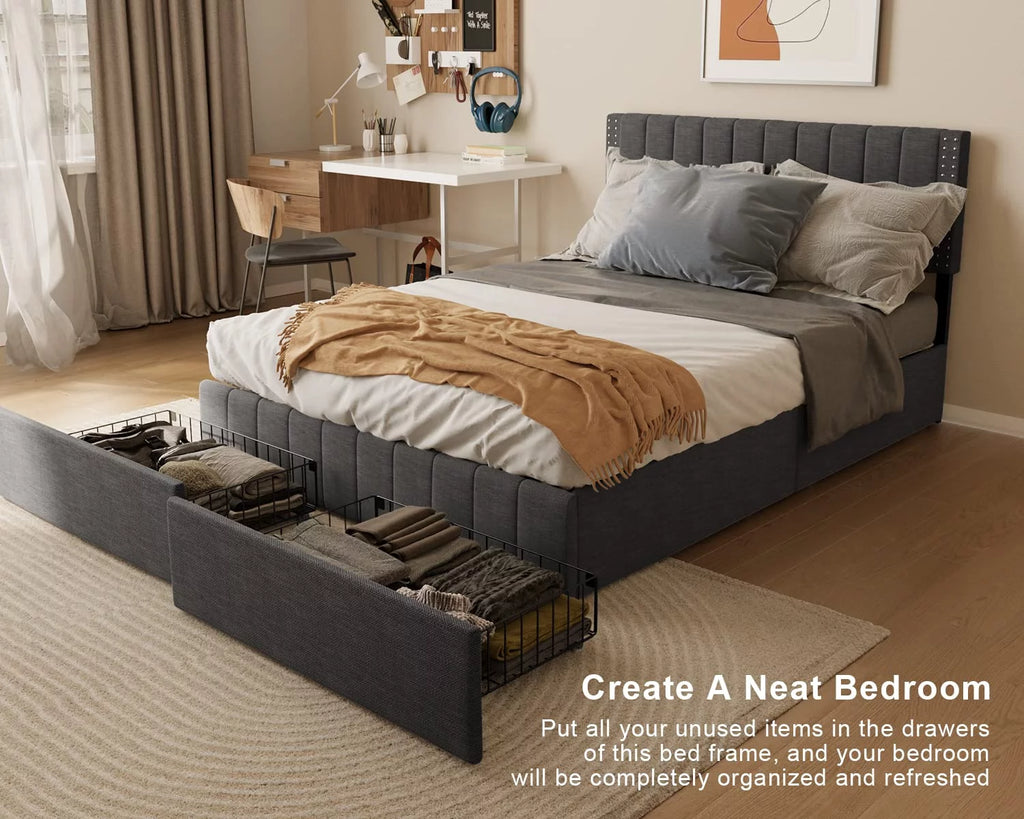 Full Bed Frame with 4 Drawers and Adjustable Headboard Dark Grey D143