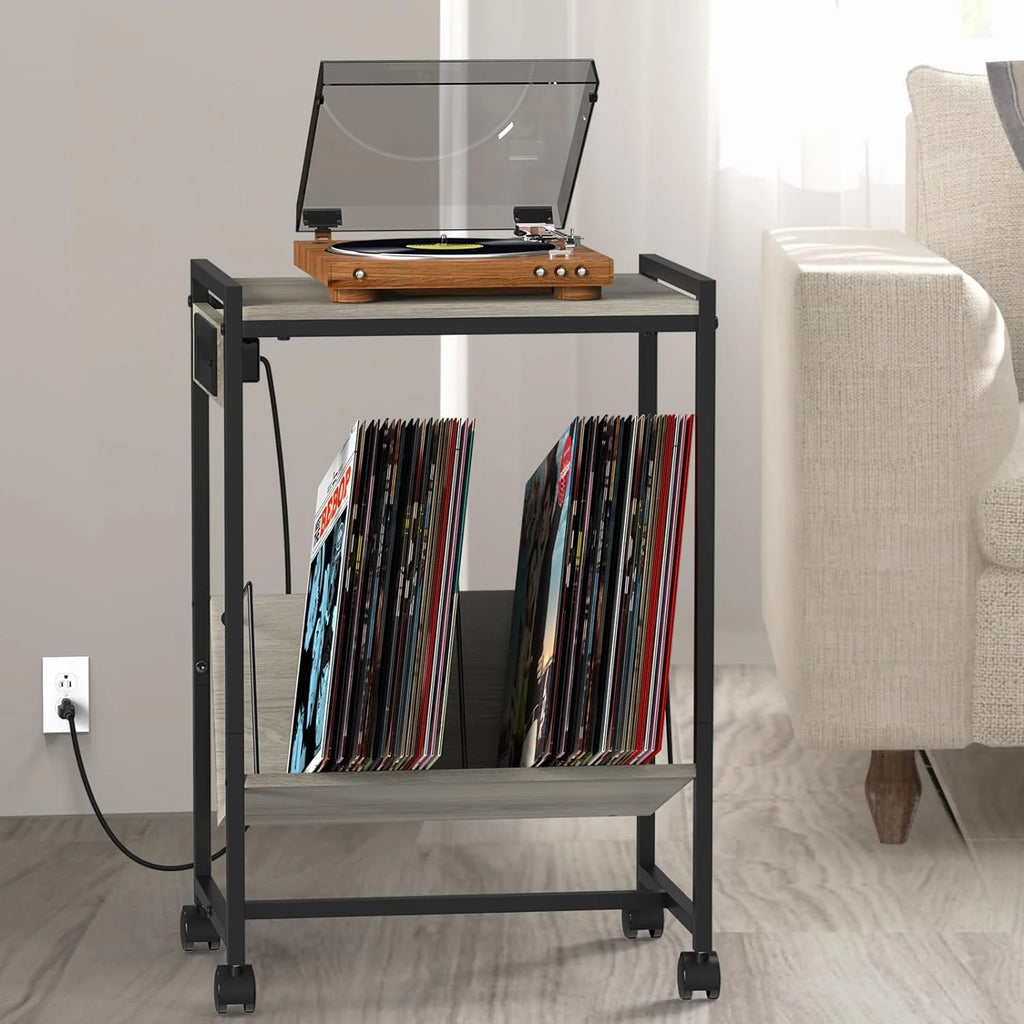 2-Tier End Table with Charging Station and Vinyl Storage Shelf C756