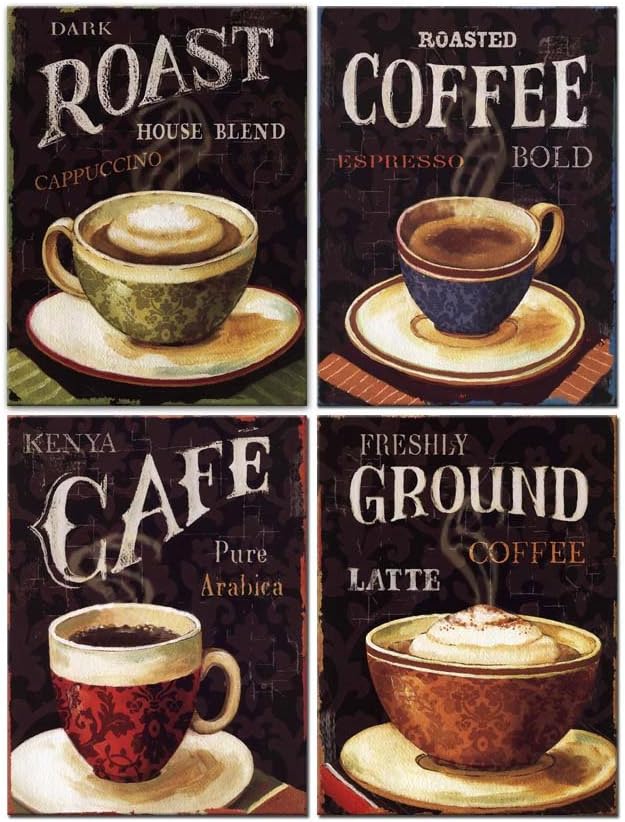 Retro Coffee Cafe Wall Art Canvas 4 Panel Painting Prints P804118