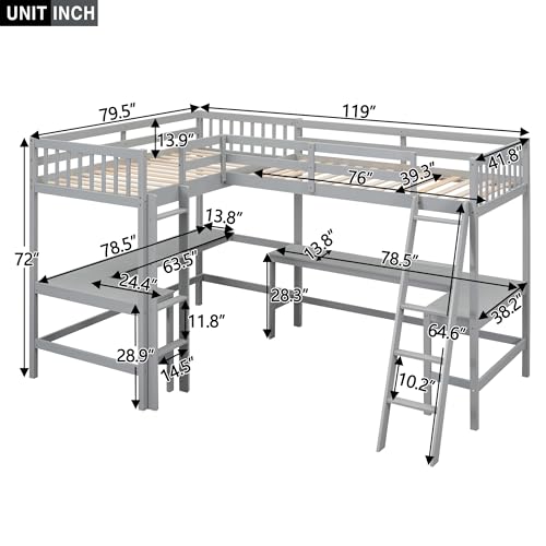 Grey Twin Size L-Shaped Loft Bed with Desk and Guardrails W700