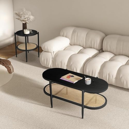 Black Set of 2 Round 2-Tier Side Table with Rattan Storage I90181