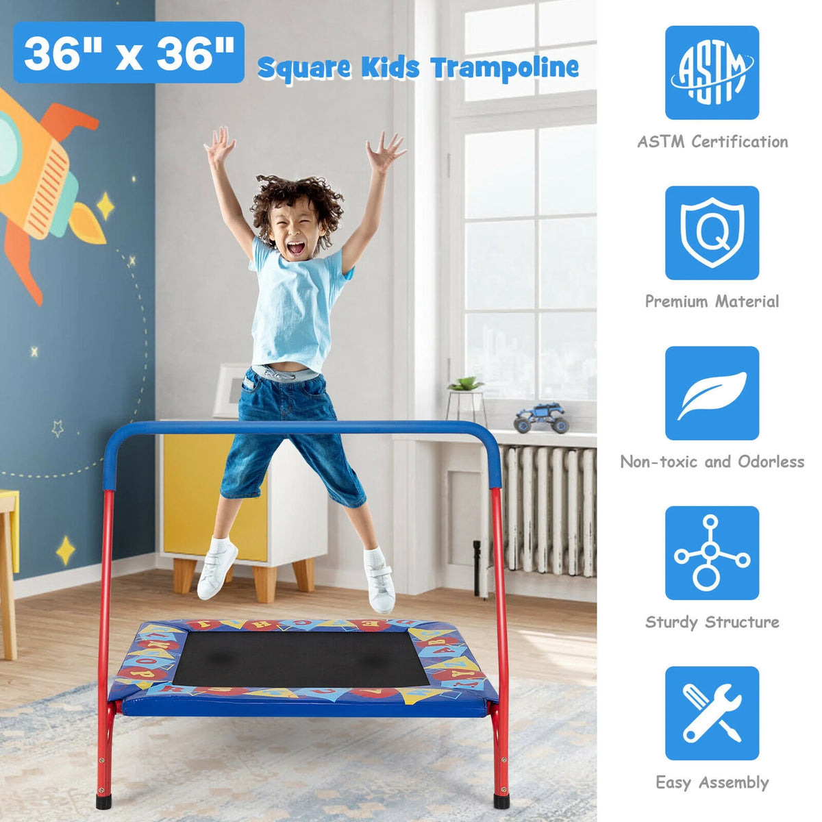 36'' Kids Square Trampoline with Foam Handrail P37783