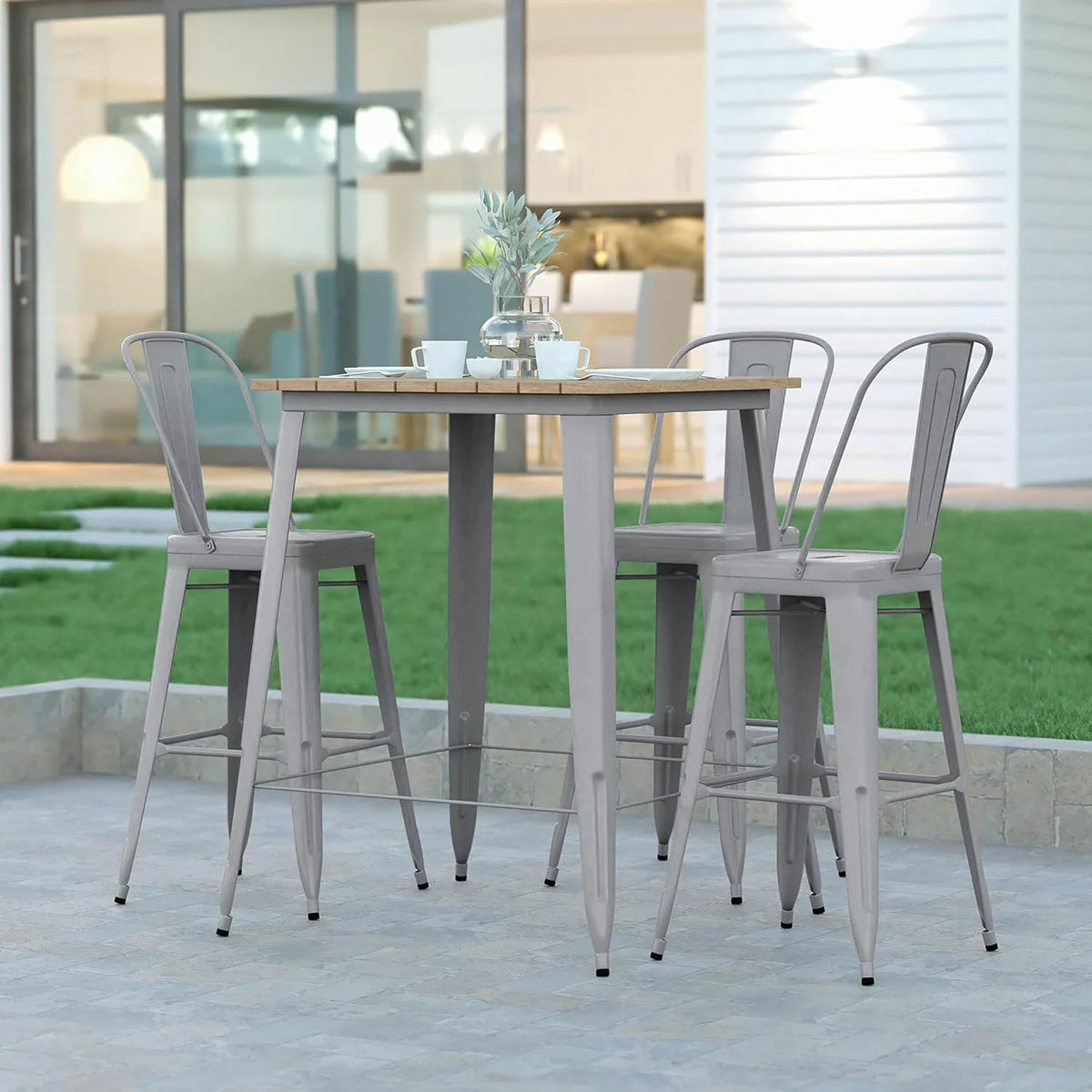 Indoor/Outdoor Bar Top Table Brown Resin Silver Steel M466951