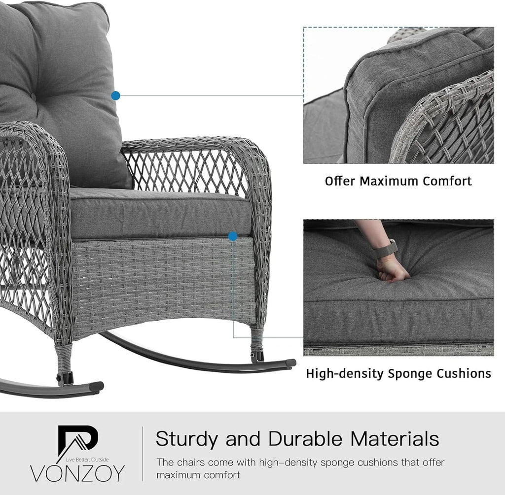 3-Piece Wicker Outdoor Rocking Chairs with Cushions and Table X4297