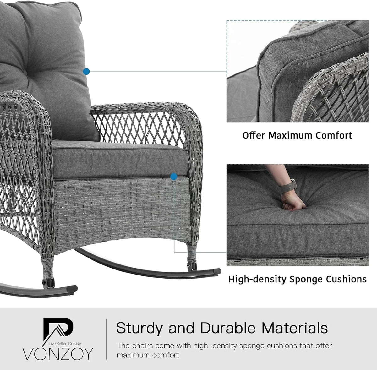 3-Piece Wicker Outdoor Rocking Chairs with Cushions and Table X4297