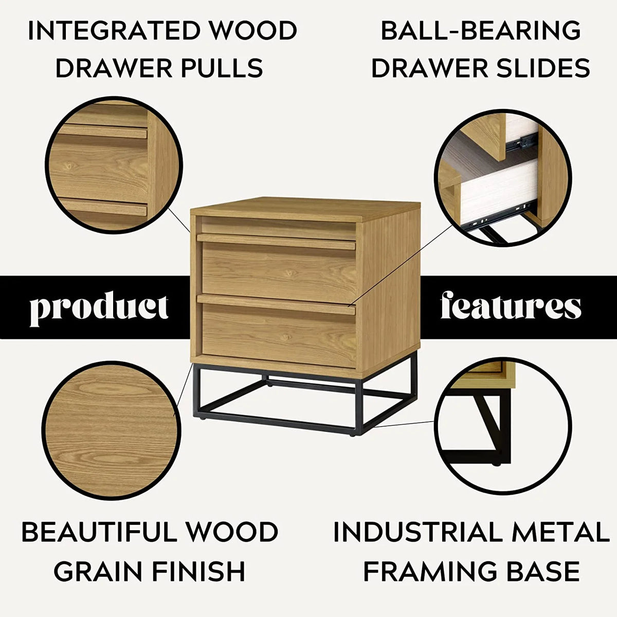 Natural Oak Solid Wood Nightstand with Two Drawers L85134