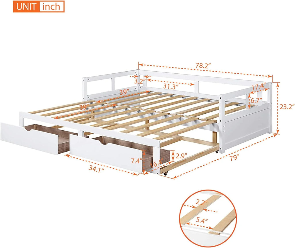 White Wooden Daybed with Trundle and 2 Storage Drawers C281