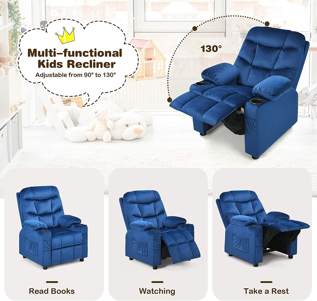 Kids Recliner Chair with Cup Holder Adjustable Velvet Lounge Chair w/Footrest & Side Pockets Ergonomic Toddler Furniture Sofa G45258