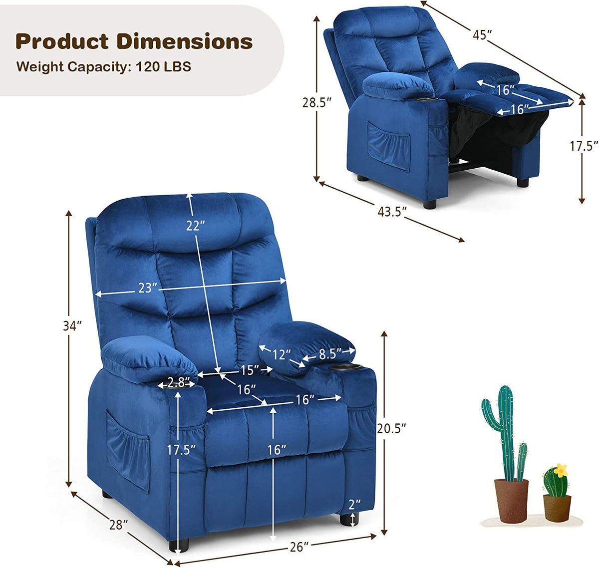 Kids Recliner Chair with Cup Holder Adjustable Velvet Lounge Chair w/Footrest & Side Pockets Ergonomic Toddler Furniture Sofa G45258