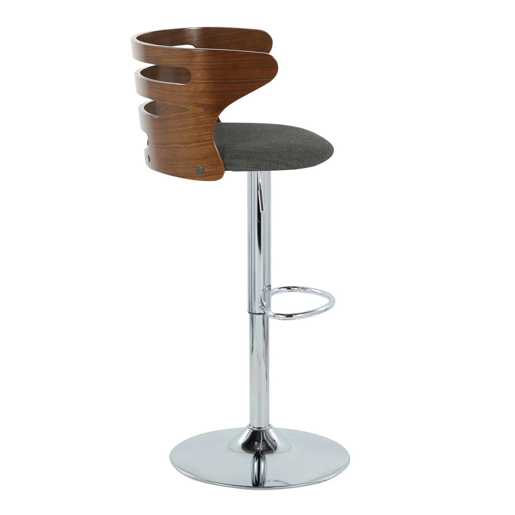 Walnut Wood and Charcoal Fabric Adjustable Barstool with Chrome Metal Base, Set of 2 E1662