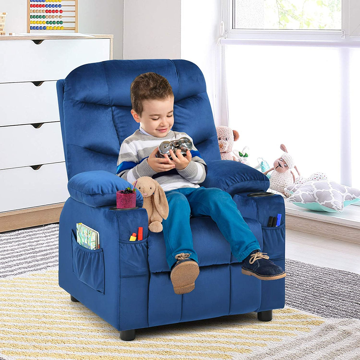 Kids Recliner Chair with Cup Holder Adjustable Velvet Lounge Chair w/Footrest & Side Pockets Ergonomic Toddler Furniture Sofa G45258