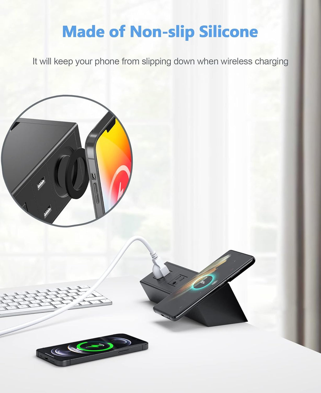 Desk Clamp Power Strip with Wireless Charger, 6ft Cable J76695