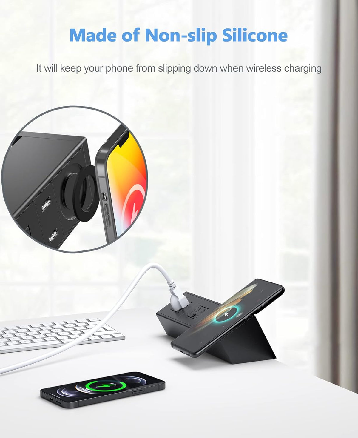 Desk Clamp Power Strip with Wireless Charger, 6ft Cable J76695