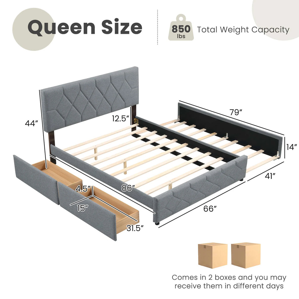 Queen Upholstered Platform Bed with Twin XL Trundle and 2 Drawers X5086
