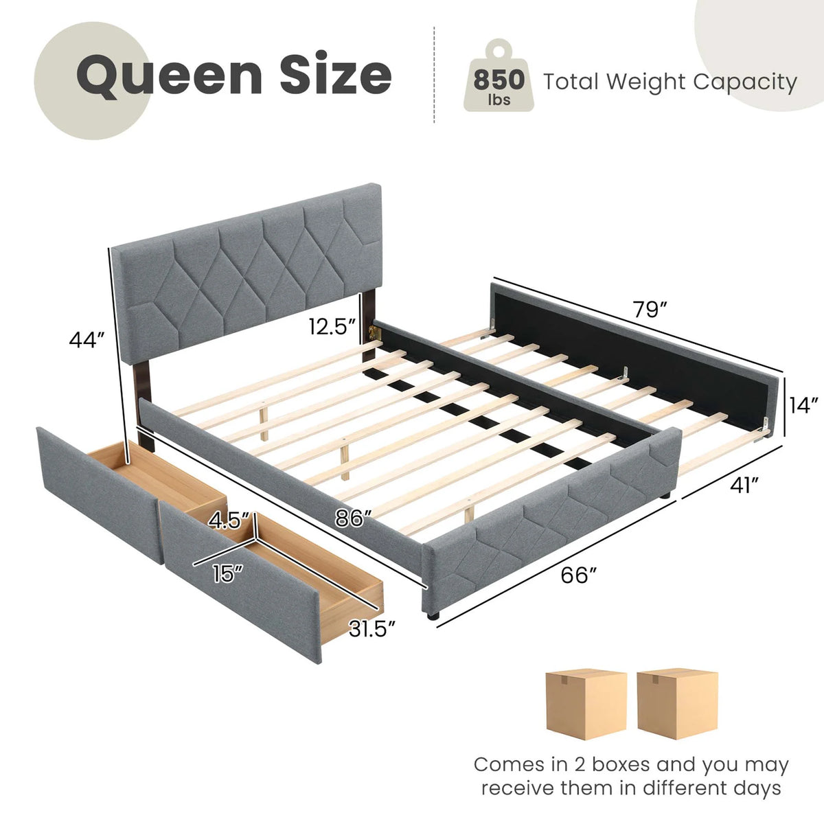 Queen Upholstered Platform Bed with Twin XL Trundle and 2 Drawers X5086