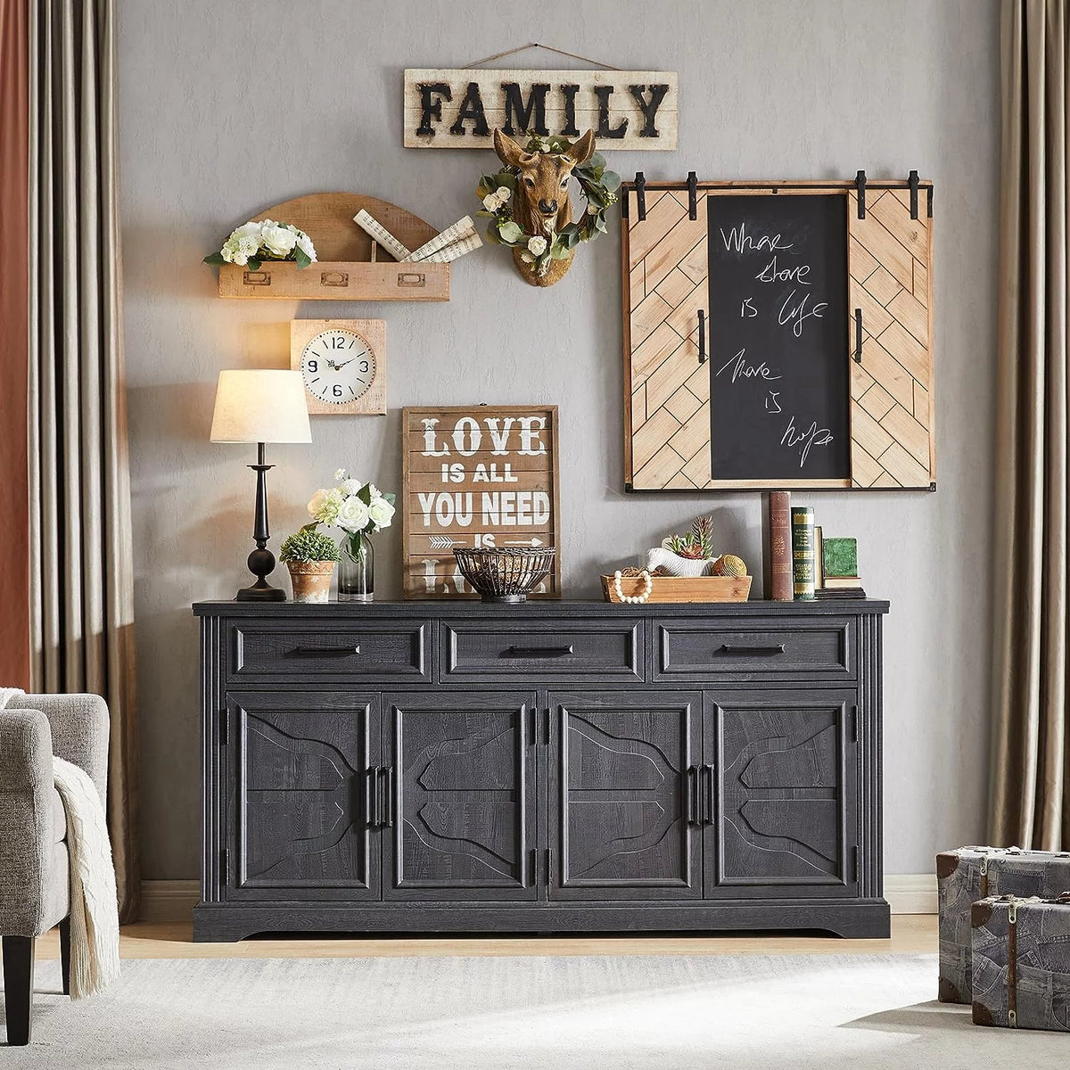 Black 3 Drawer 4 Door Sideboard Storage Cabinet H30966