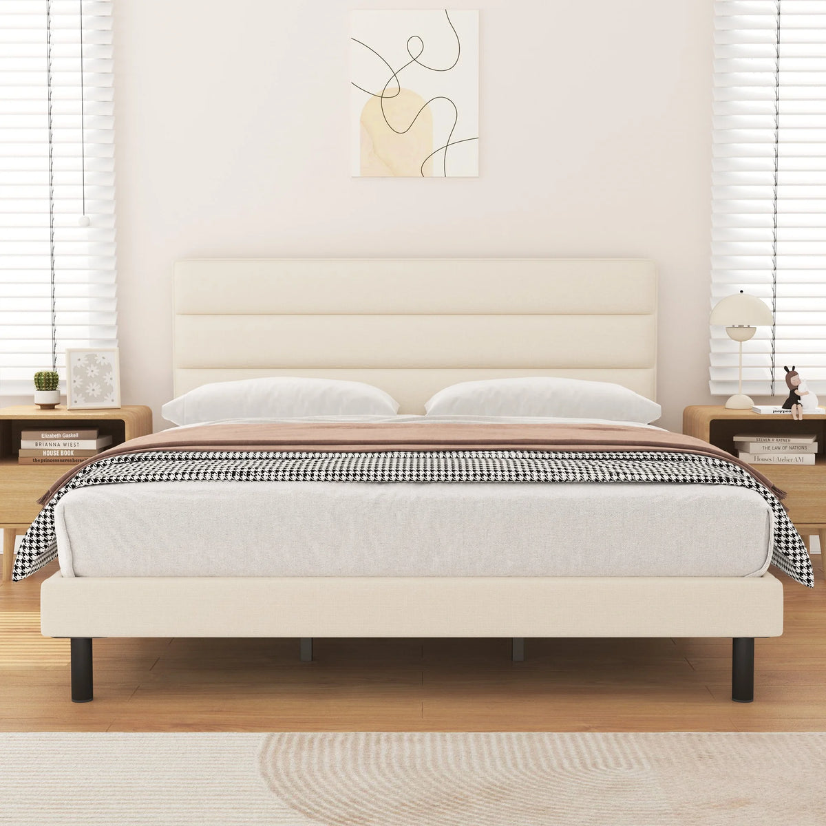 King Size Platform Bed with Wingback Fabric Upholstered Headboard Y76739