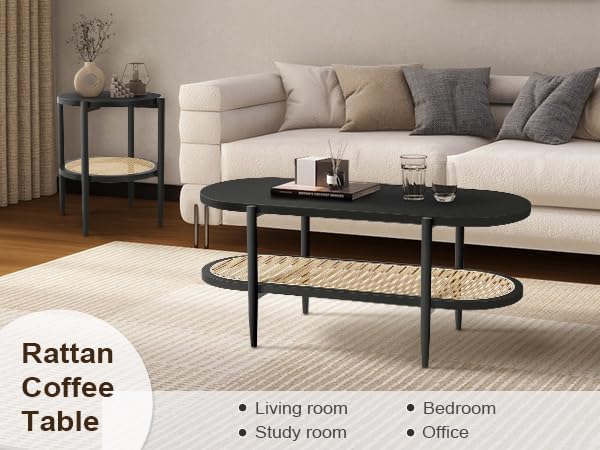 Black Set of 2 Round 2-Tier Side Table with Rattan Storage I90181